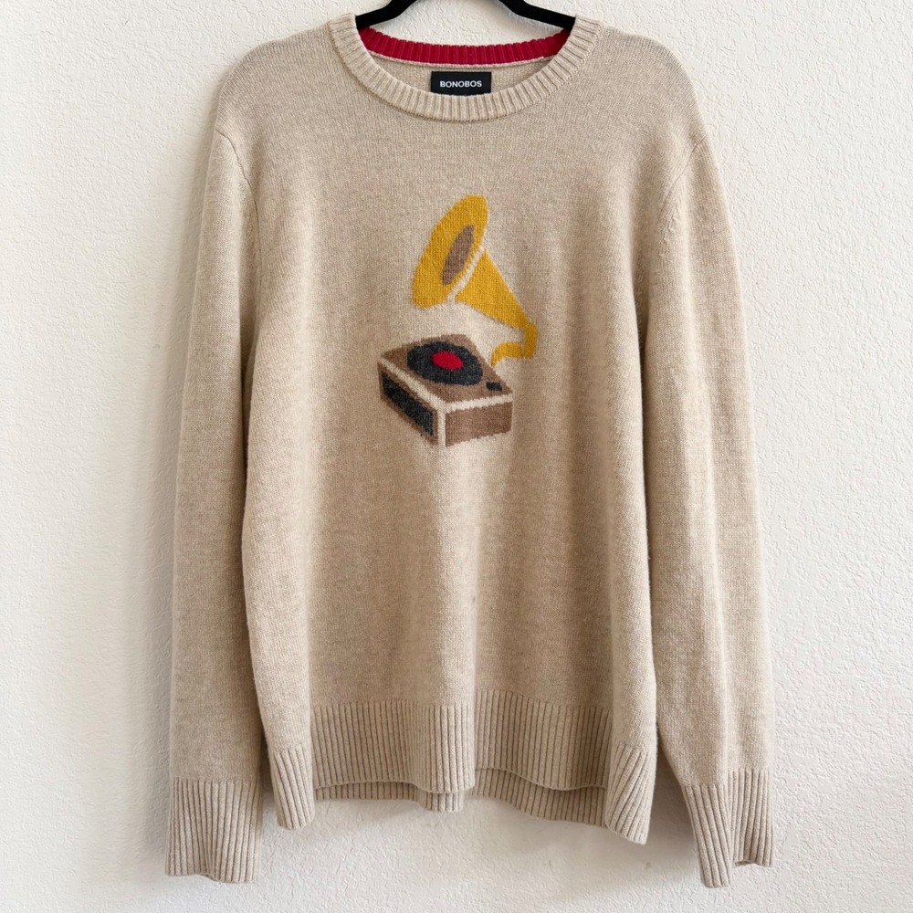 Bonobos Mens XL Wool Blend Gramophone Record Player Graphic Crewneck Sweater Tan